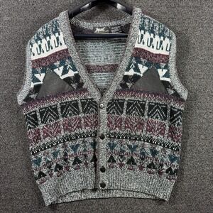 Vintage Impact Geometric Fair Isle Sweater Vest Men's L Leather Trim Grandpacore